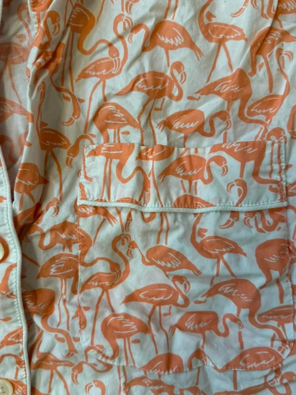 jcrew button up pajama top with coral colored flamingos